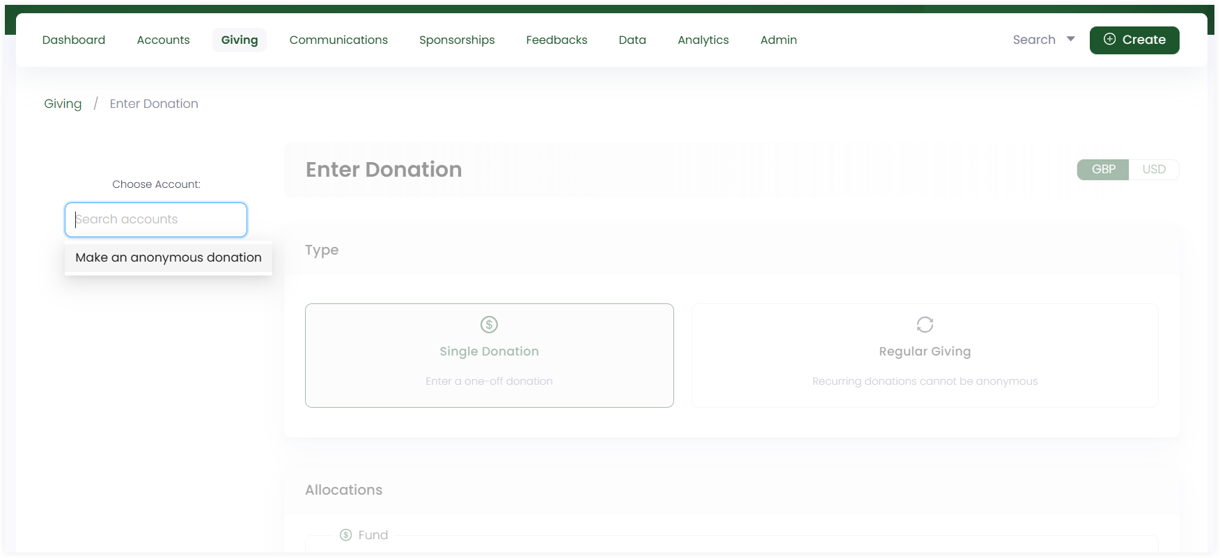 anonymous donation screen